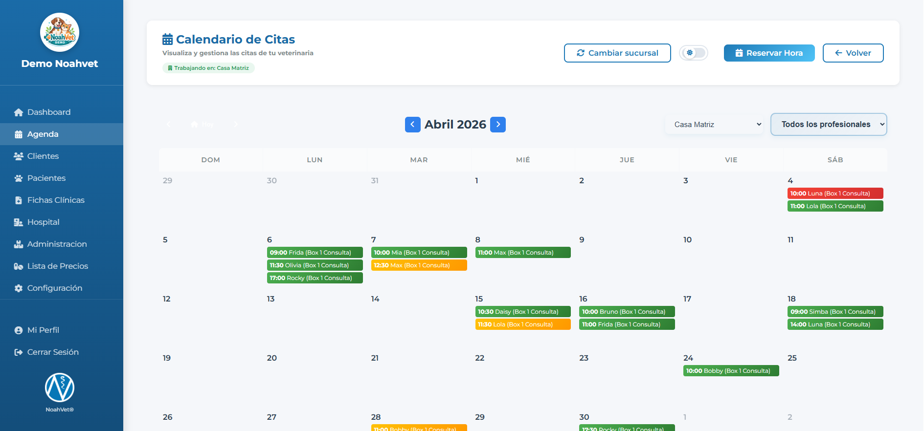 Calendario de la agenda en NoahVet