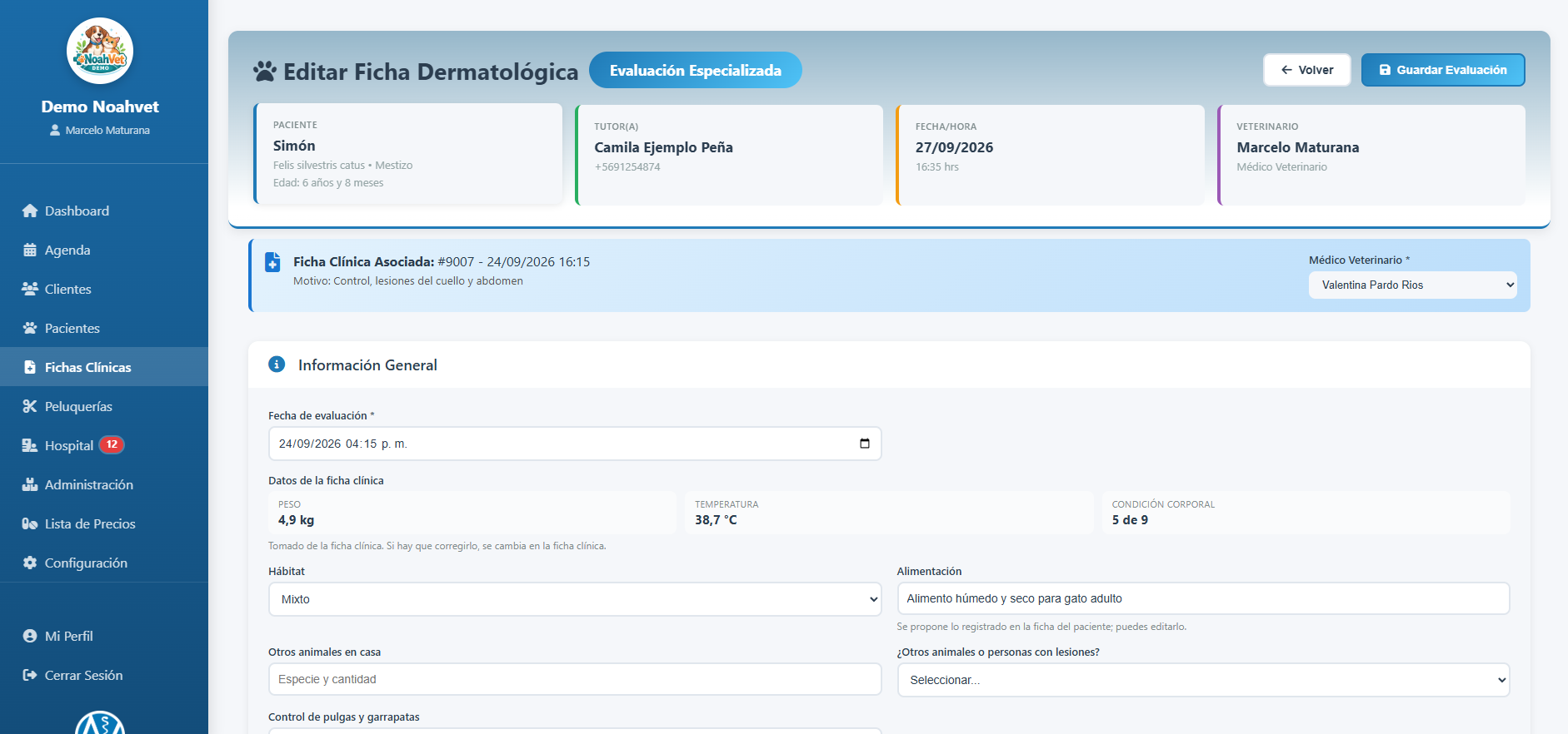Ficha dermatológica en NoahVet, con hábitat, alimentación y control de ectoparásitos