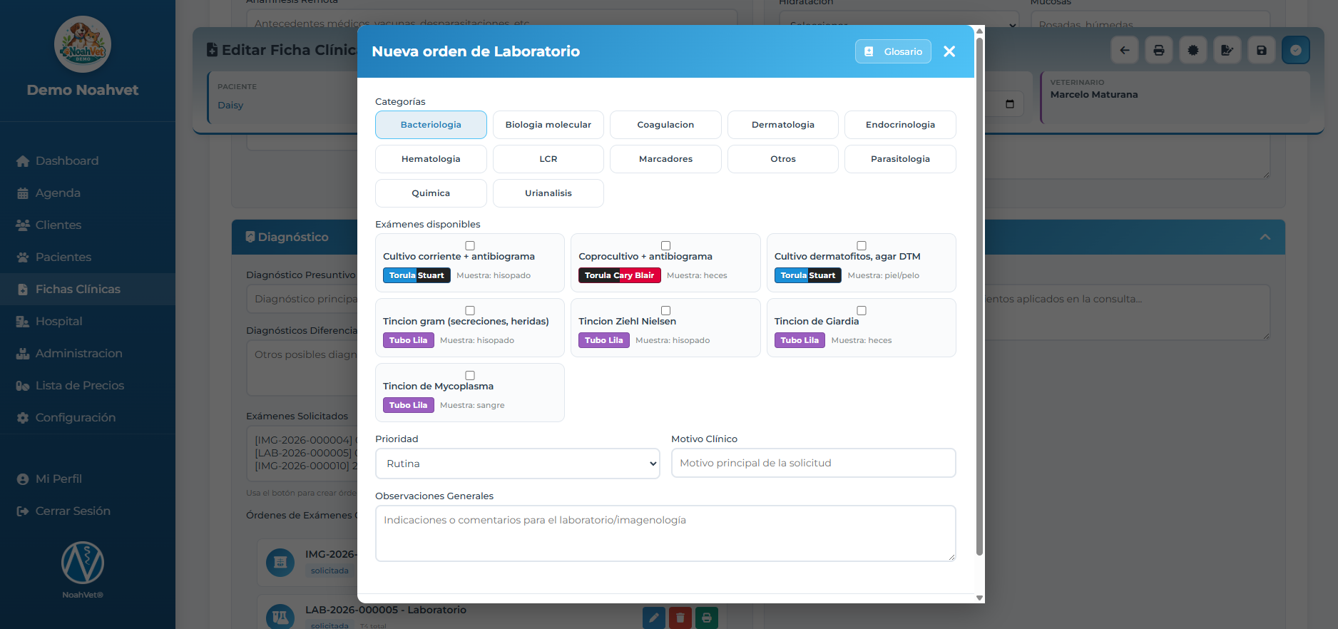 Orden de laboratorio en NoahVet