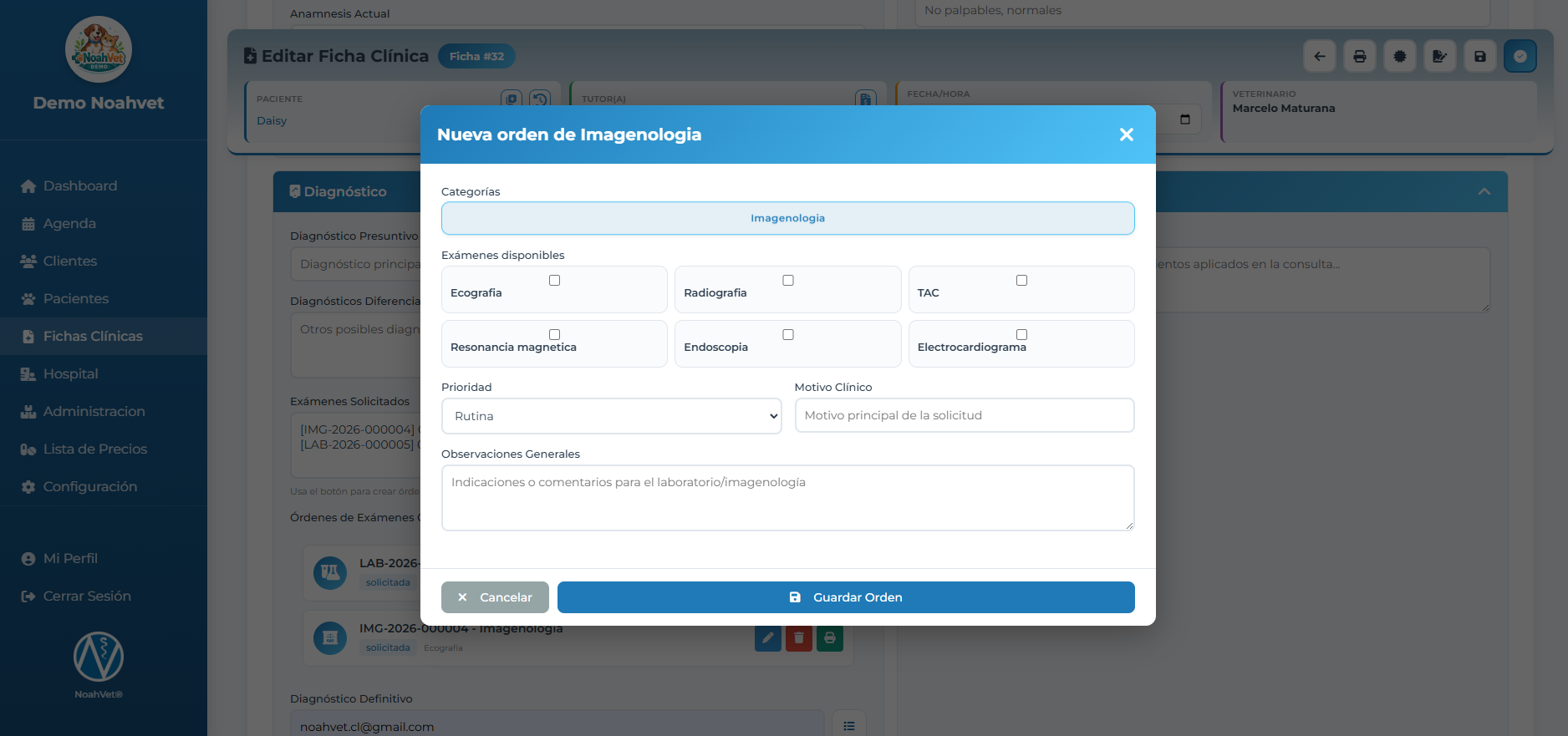 Orden de imagenología en NoahVet