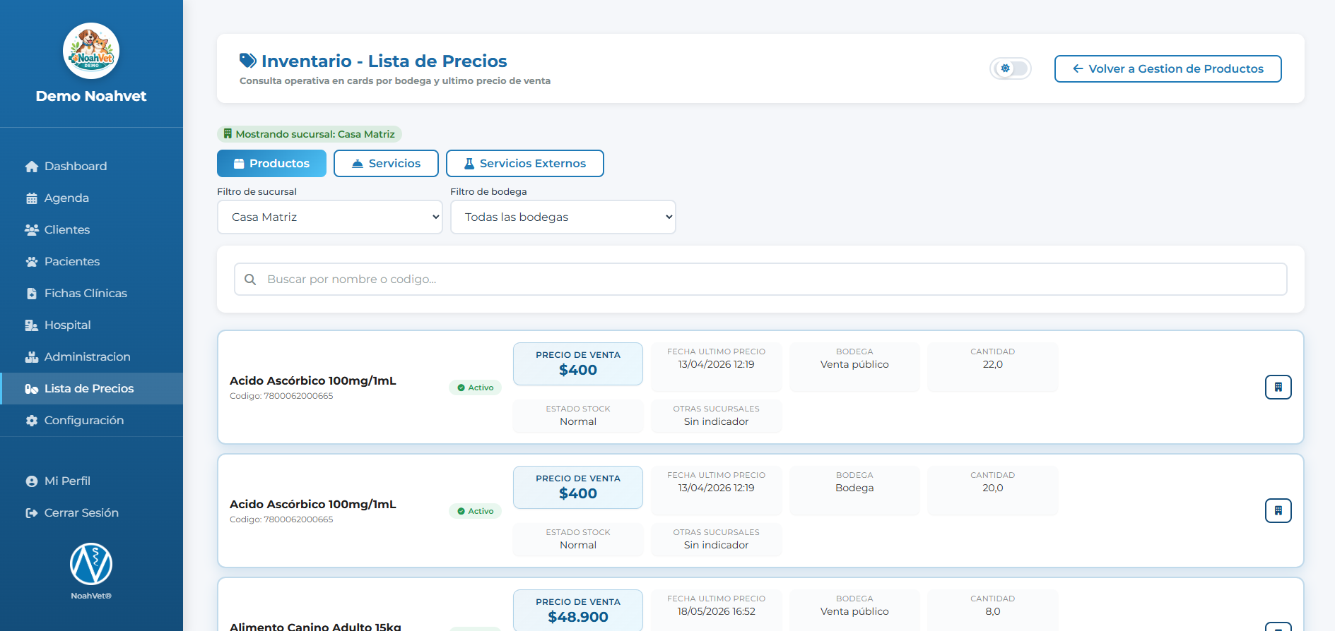 Panel de inventario en NoahVet