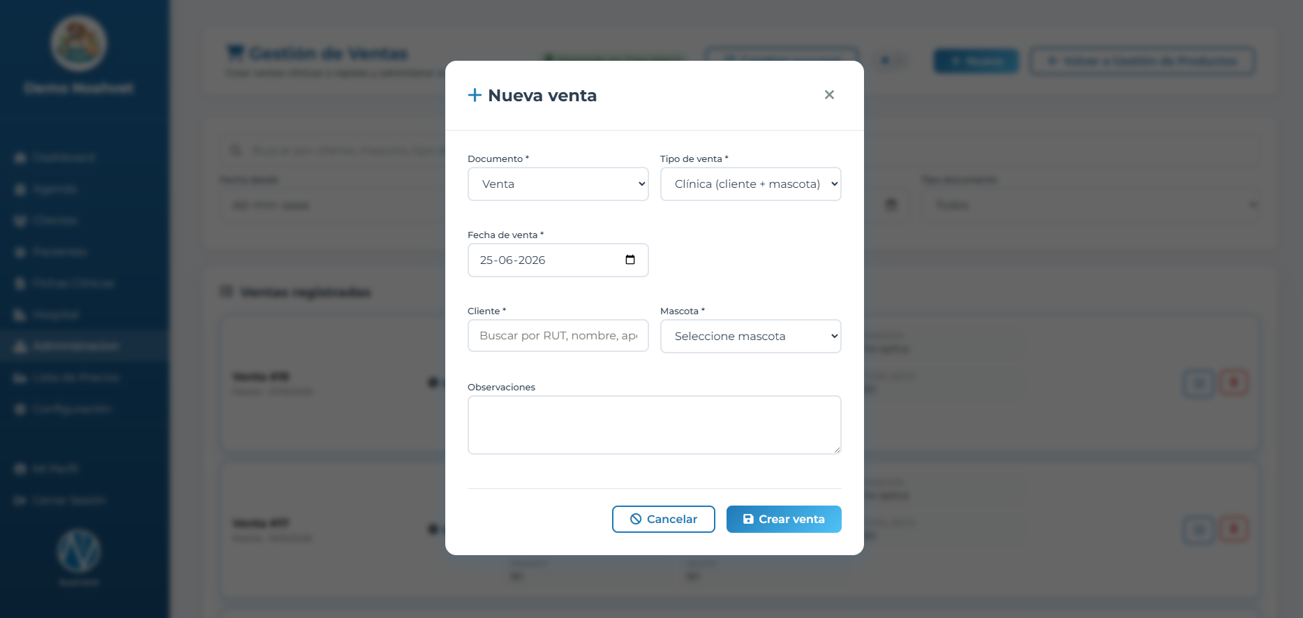 Registro de ventas en NoahVet